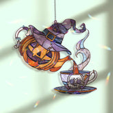 Halloween Teapot Acrylic Suncatcher, Stained Glass Style Jack O’Lantern with Witch Hat Pouring into Skull Cup, Spooky Window Hanging Décor